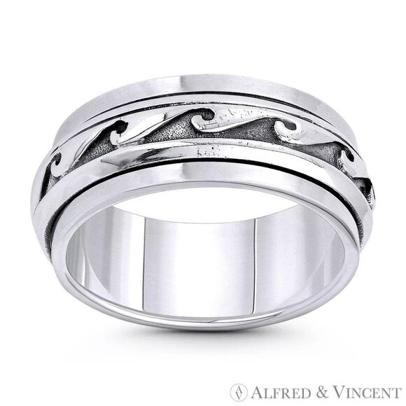 Wide Men's Spinning Ring "Sea Wave" Beachbum Charm in .925 Sterling Silver Sz.10 - Picture 1 of 1